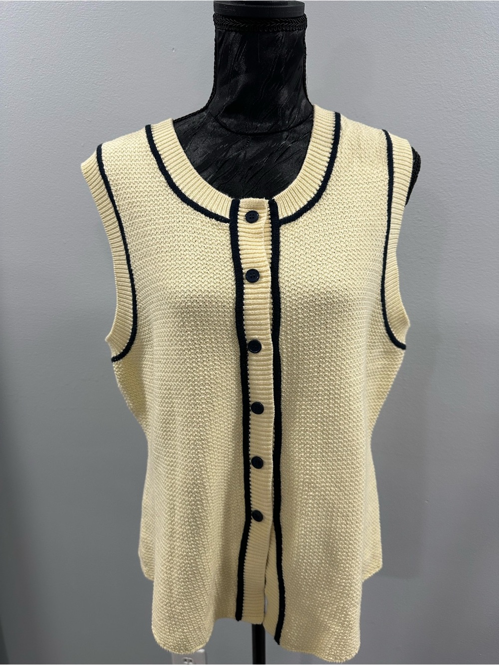 French Connection Cream Sleeveless Knit Vest with Black Contrast Trim
